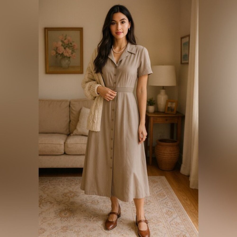 Eddie Bauer Vintage Taupe Button-Front Midi Shirt Dress Short Sleeve Size 8